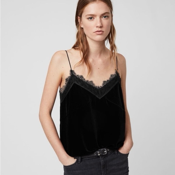 ‼️RARE‼️🎸ALLSAINTS🎸🔥NWOT🔥 Noa Lace Trim Velvet Camisole in Black—4 - Picture 2 of 16